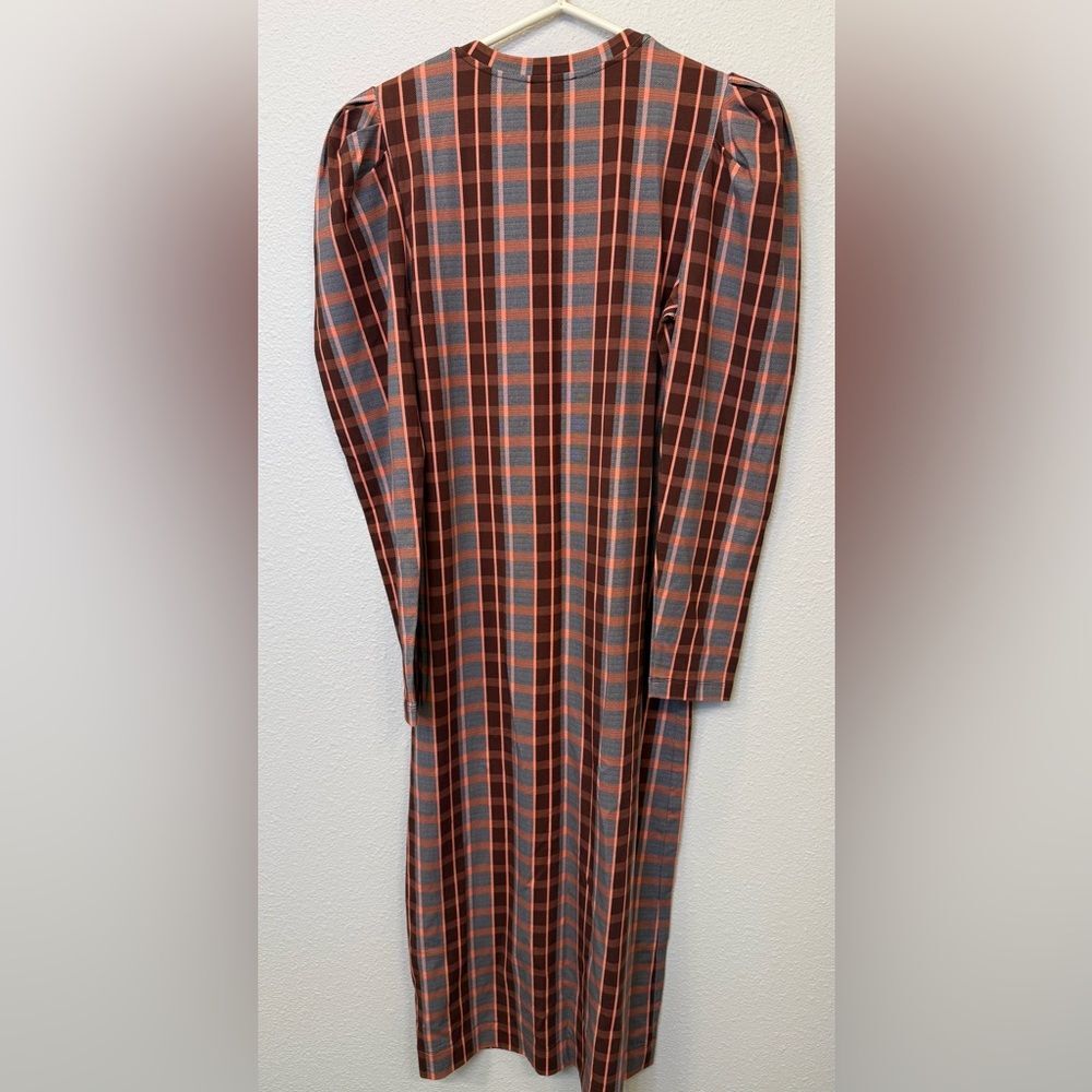 Tanya Taylor Maroon|Peachy Pink|Baby Blue Plaid Puff-Sleeve Midi Dress - Medium - Picture 5 of 7